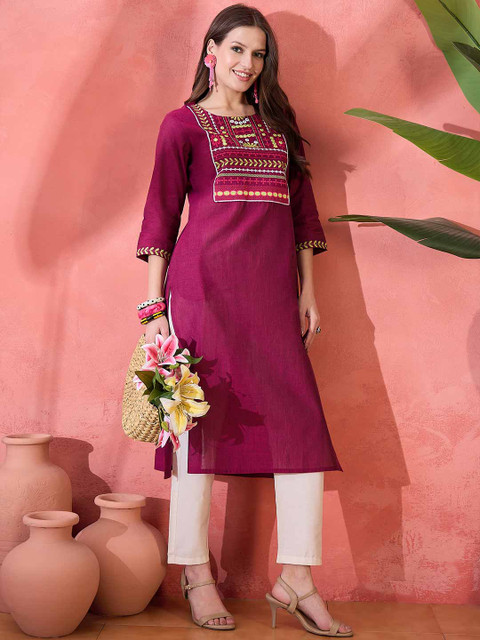 Sangria Maroon Floral Yoke Design Embroidered Pure Cotton Straight Kurta - Image 4