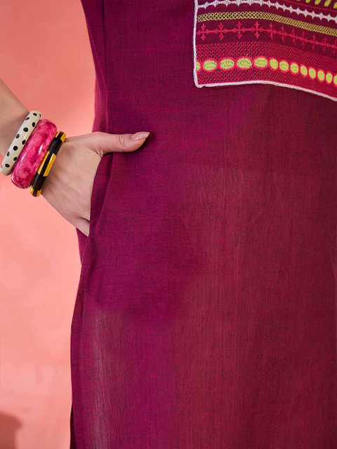 Sangria Maroon Floral Yoke Design Embroidered Pure Cotton Straight Kurta - Image 6