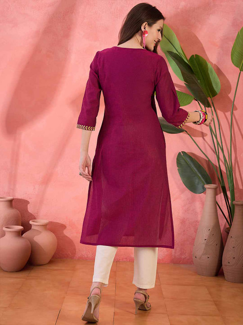Sangria Maroon Floral Yoke Design Embroidered Pure Cotton Straight Kurta - Image 3