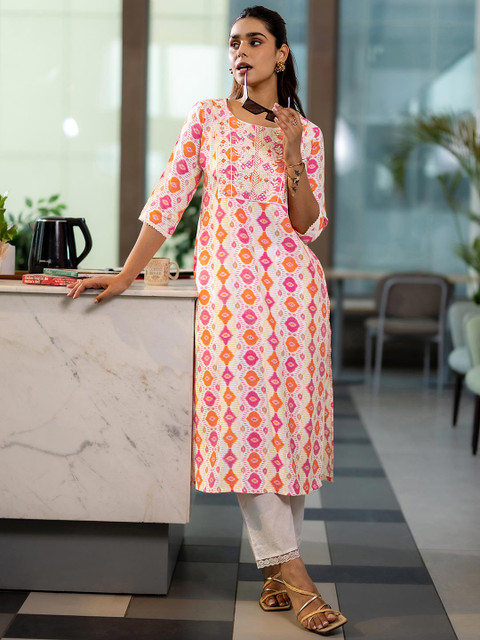 Libas Ethnic Motifs Printed Thread Work Round Neck Straight Kurta - Image 2