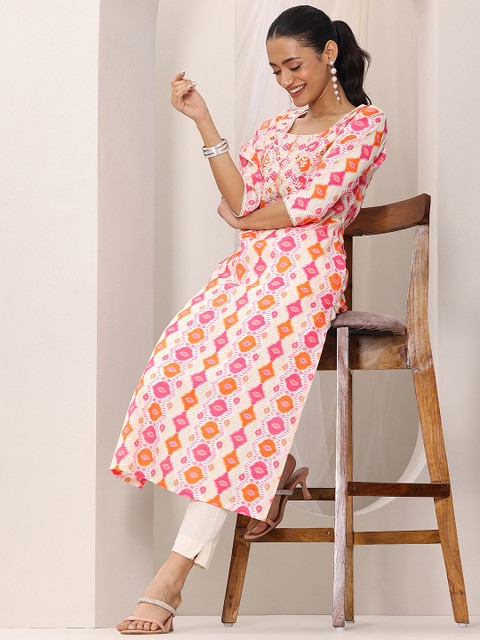 Libas Ethnic Motifs Printed Thread Work Round Neck Straight Kurta - Image 5