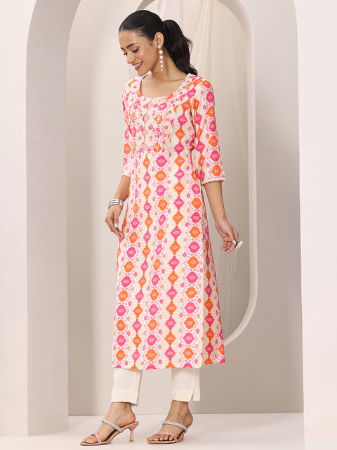 Libas Ethnic Motifs Printed Thread Work Round Neck Straight Kurta - Image 3