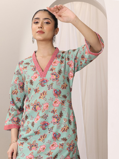 Libas Green Floral Printed V-Neck Sequinned Straight Kurtas - Image 6