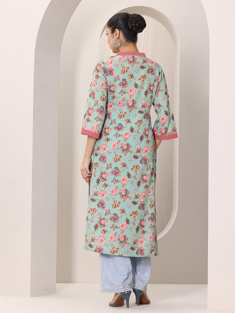 Libas Green Floral Printed V-Neck Sequinned Straight Kurtas - Image 5