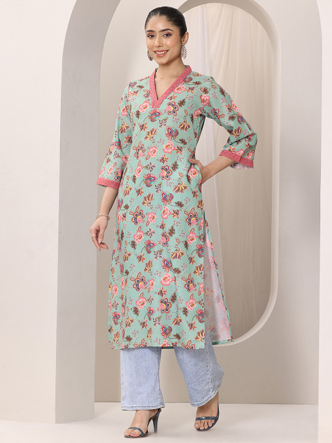 Libas Green Floral Printed V-Neck Sequinned Straight Kurtas - Image 4