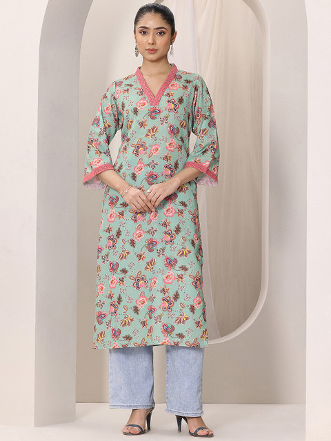 Libas Green Floral Printed V-Neck Sequinned Straight Kurtas - Image 2