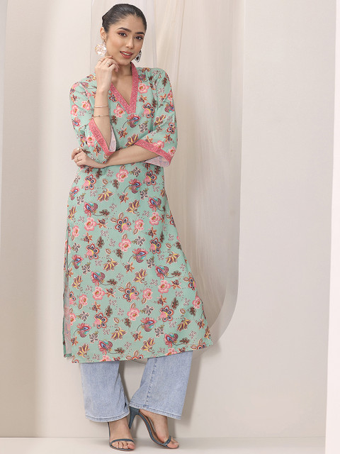 Libas Green Floral Printed V-Neck Sequinned Straight Kurtas