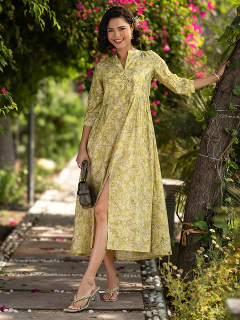 Libas Floral Printed A-Line Ethnic Dress with front slit and pocket