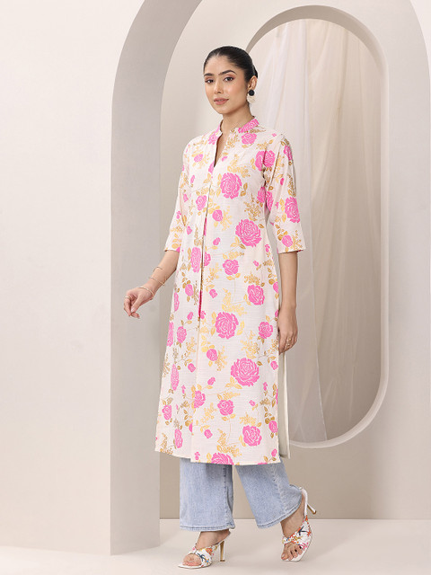 Libas Floral Printed Mandarin Collar Pleated Straight Kurta - Image 4