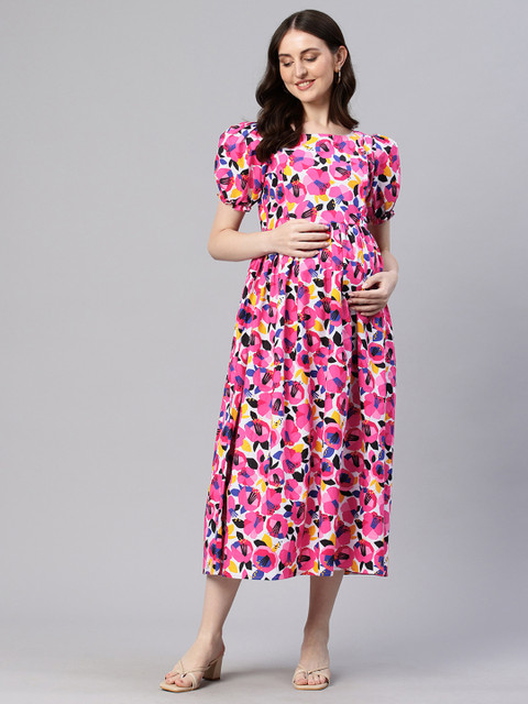 Swishchick Floral Print Puff Sleeve Georgette Maternity Fit & Flare Midi Dress