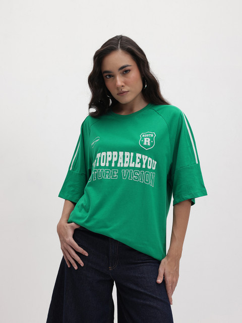 The Roadster Life Co. Typography Printed Drop-Shoulder Sleeves Oversized Fit T-shirt