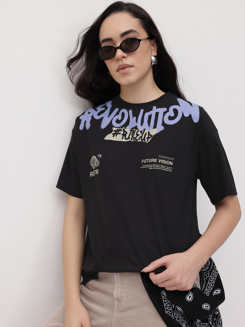 The Roadster Life Co. Typography Printed Drop-Shoulder Sleeves Relaxed Fit T-shirt