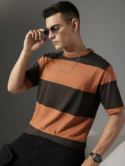 FCUK Men Striped Drop-Shoulder Sleeves Pure Cotton Relaxed Fit T-shirt