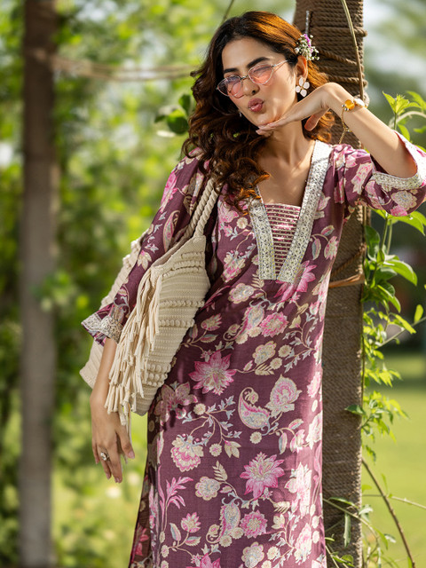 Libas Floral Printed V-Neck Kurta With Trouser