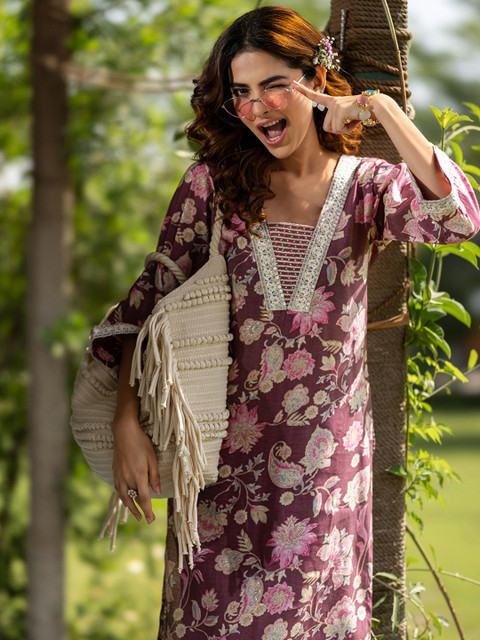 Libas Floral Printed V-Neck Kurta With Trouser - Image 2