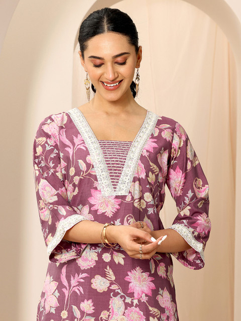 Libas Floral Printed V-Neck Kurta With Trouser - Image 4