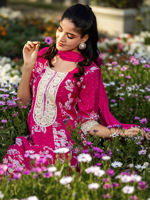 Libas Womens Pink Printed Anarkali Kurta With Trousers & Dupatta