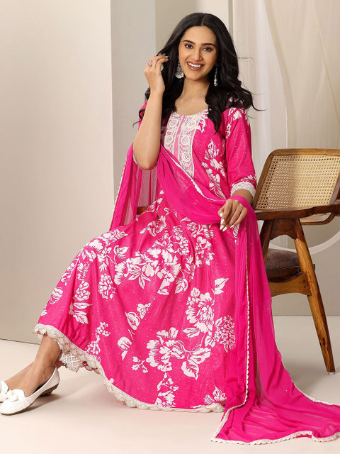 Libas Womens Pink Printed Anarkali Kurta With Trousers & Dupatta - Image 7