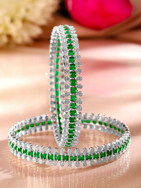 Rubans Set of 2 Rhodium Plated Emerald Green & White Cubic Zirconia Studded Luxe Bangles