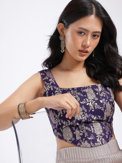 glitchez Floral Woven Design Corset Detail Fusion Crop Top