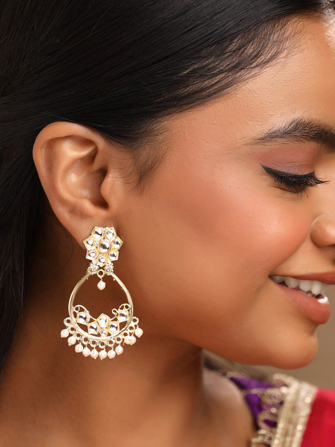 Yellow Chimes Gold-Plated Kundan Pearls Contemporary Drop Earrings - Image 5