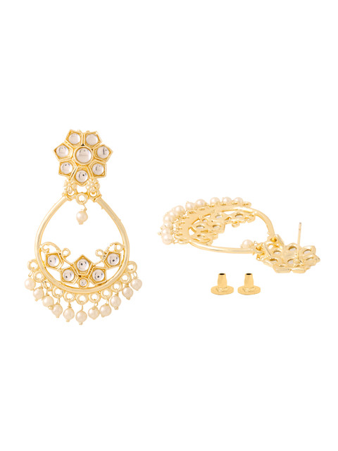 Yellow Chimes Gold-Plated Kundan Pearls Contemporary Drop Earrings - Image 3