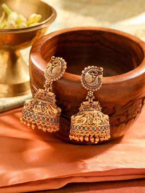 Yellow Chimes Gold-Plated Contemporary Temple Jhumkas Earrings