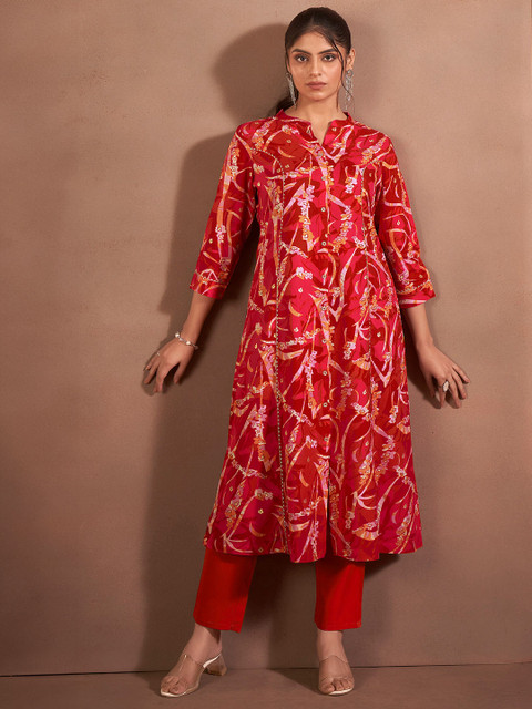 Anouk Floral Printed Gotta Patti Chanderi Silk Straight Kurta With Trousers