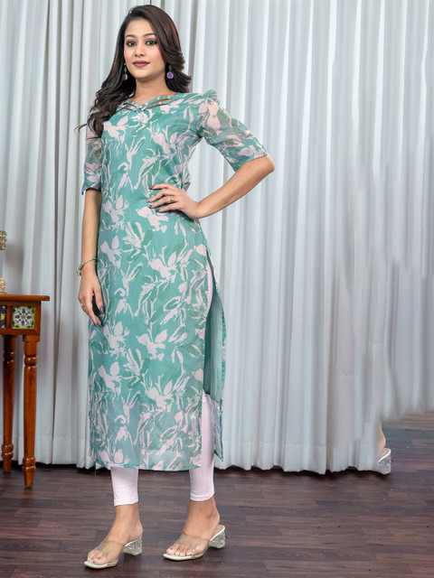 Sun Fashion And Lifestyle Floral Printed Sweetheart Neck Chanderi Silk Straight Kurta - Image 4