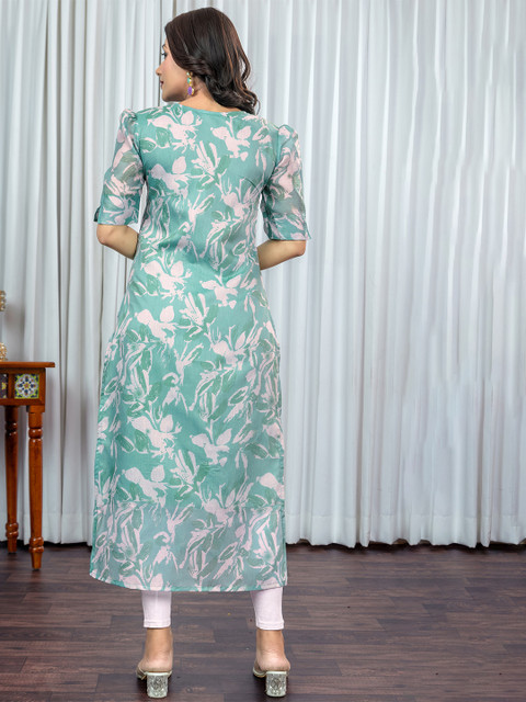 Sun Fashion And Lifestyle Floral Printed Sweetheart Neck Chanderi Silk Straight Kurta - Image 5