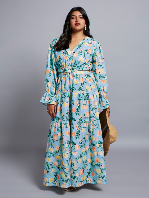 Globus Gloplus Floral V-Neck Bishop Sleeves Cut-Out Tiered Fit & Flare Plus Size Dress