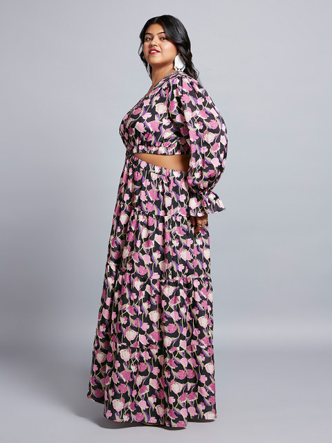 Globus Gloplus Floral V-Neck Bishop Sleeves Cut-Out Tiered Fit & Flare Plus Size Dress - Image 2