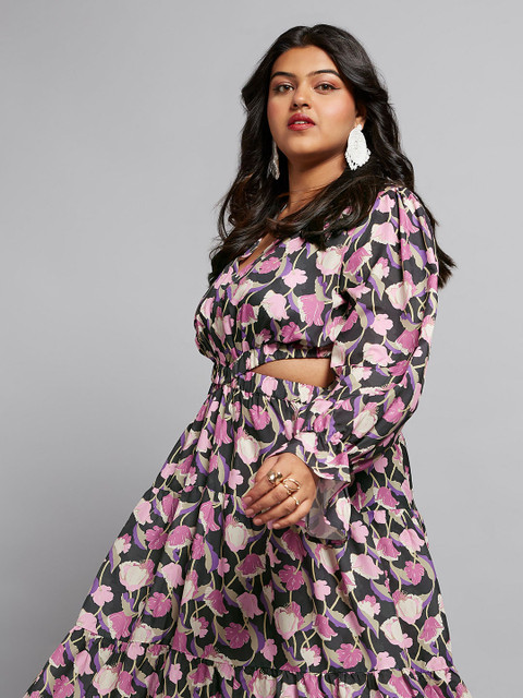 Globus Gloplus Floral V-Neck Bishop Sleeves Cut-Out Tiered Fit & Flare Plus Size Dress - Image 5