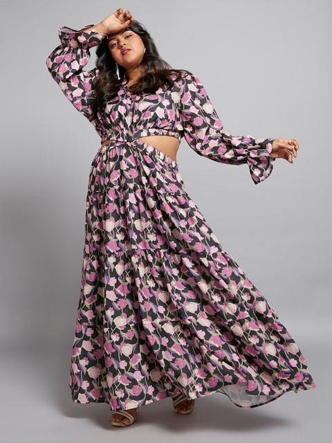 Globus Gloplus Floral V-Neck Bishop Sleeves Cut-Out Tiered Fit & Flare Plus Size Dress