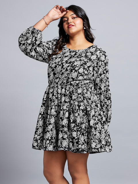 Globus Gloplus Floral Printed Bishop Sleeves Fit & Flare Tiered Mini Plus Size Dress - Image 5