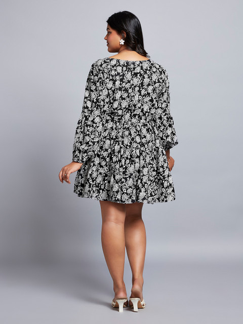 Globus Gloplus Floral Printed Bishop Sleeves Fit & Flare Tiered Mini Plus Size Dress - Image 3