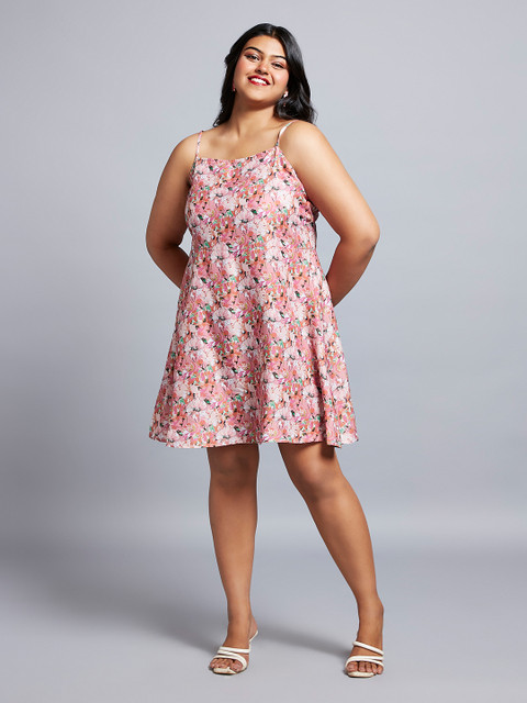 Globus Gloplus Floral Print Square Neck Strappy Sleeves A-Line Mini Plus Size Dress