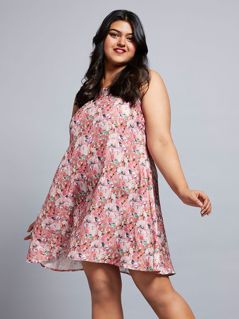 Globus Gloplus Floral Print Square Neck Strappy Sleeves A-Line Mini Plus Size Dress - Image 5