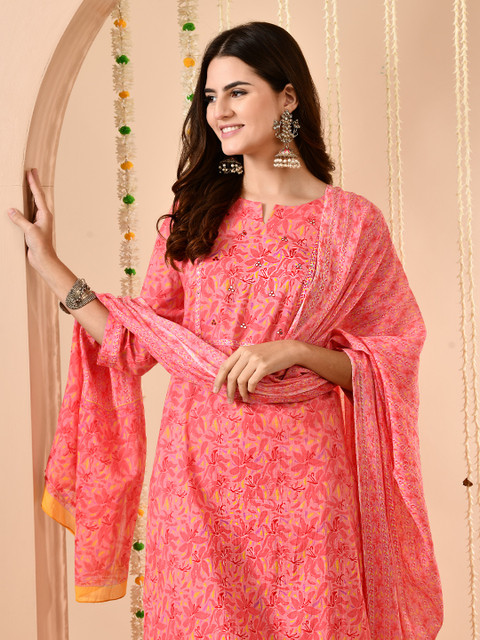 Anouk Women Floral Printed Regular Sequinned Pure Cotton Kurta with Trousers & With Dupatta