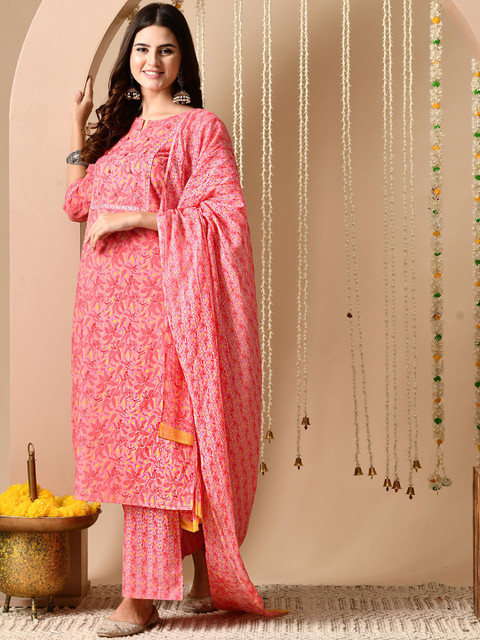Anouk Women Floral Printed Regular Sequinned Pure Cotton Kurta with Trousers & With Dupatta - Image 6