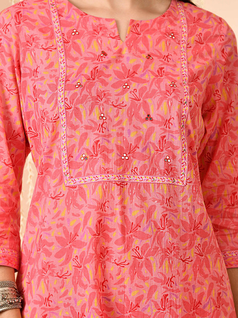 Anouk Women Floral Printed Regular Sequinned Pure Cotton Kurta with Trousers & With Dupatta - Image 3