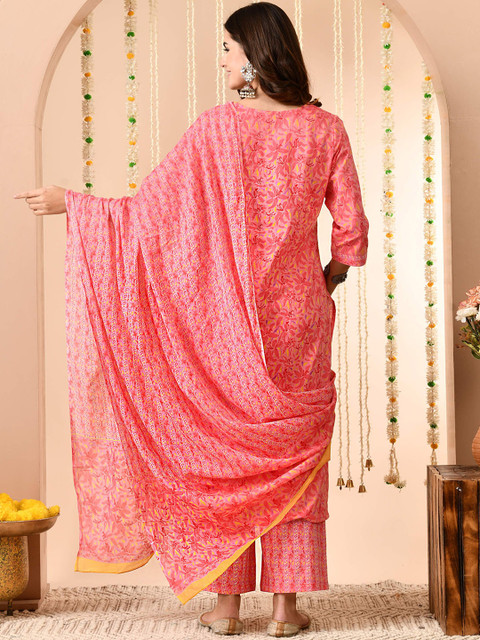 Anouk Women Floral Printed Regular Sequinned Pure Cotton Kurta with Trousers & With Dupatta - Image 7