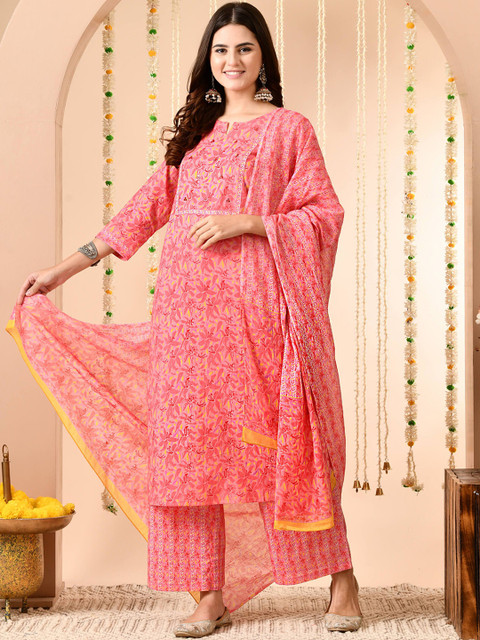 Anouk Women Floral Printed Regular Sequinned Pure Cotton Kurta with Trousers & With Dupatta - Image 5