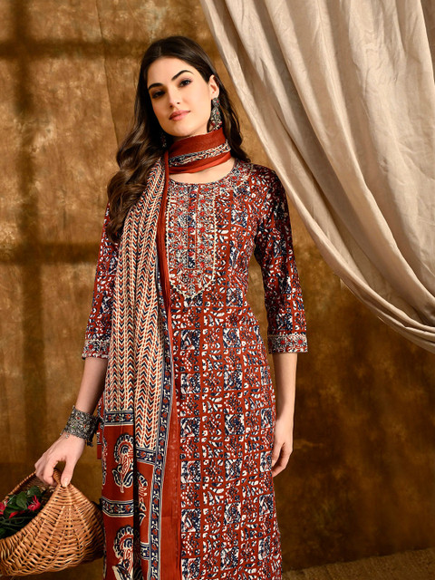 Anouk Women Printed Regular Thread Work Pure Cotton Kurta with Trousers & With Dupatta