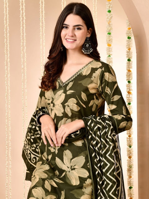 Anouk Women Floral Printed Regular Mirror Work Pure Cotton Kurta with Trousers & With Dupatta