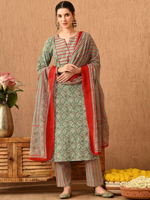 Anouk Women Floral Printed Regular Pure Cotton Kurta with Trousers & With Dupatta