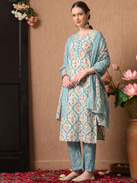 Anouk Women Floral Printed Regular Pure Cotton Kurta with Trousers & With Dupatta - Image 2