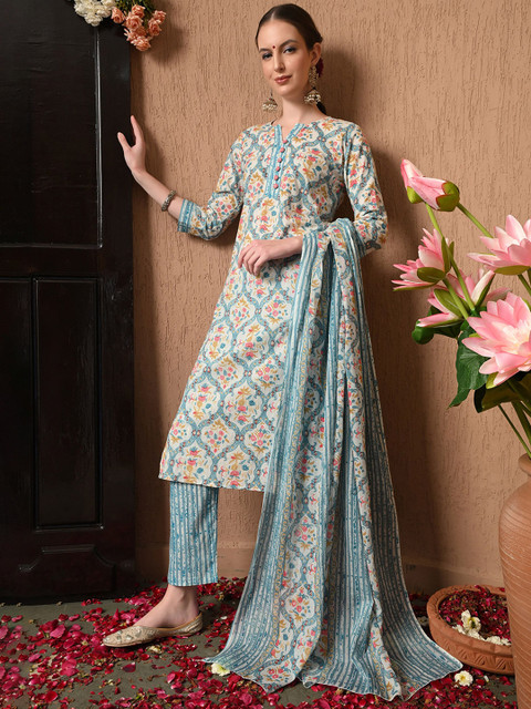Anouk Women Floral Printed Regular Pure Cotton Kurta with Trousers & With Dupatta - Image 6
