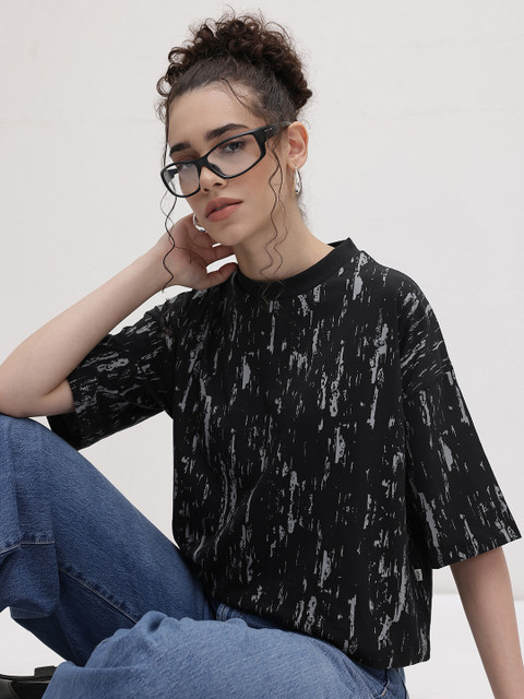 The Roadster Life Co. Abstract Printed Drop-Shoulder Sleeves Boxy T-shirt