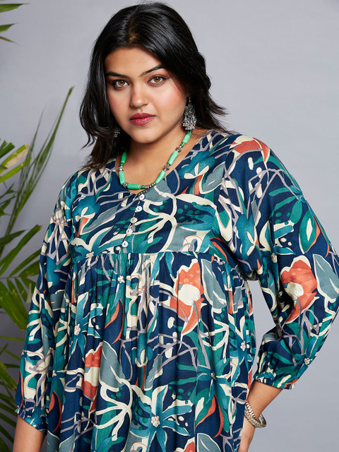 Globus Gloplus V-Neck Floral Print Gathered A-Line Plus Size Midi Fusion Dress - Image 5